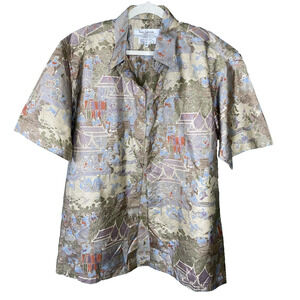 Handmade 100% Thai Silk Mens XL Button Down Gold Traditional Scene Short Sleeve